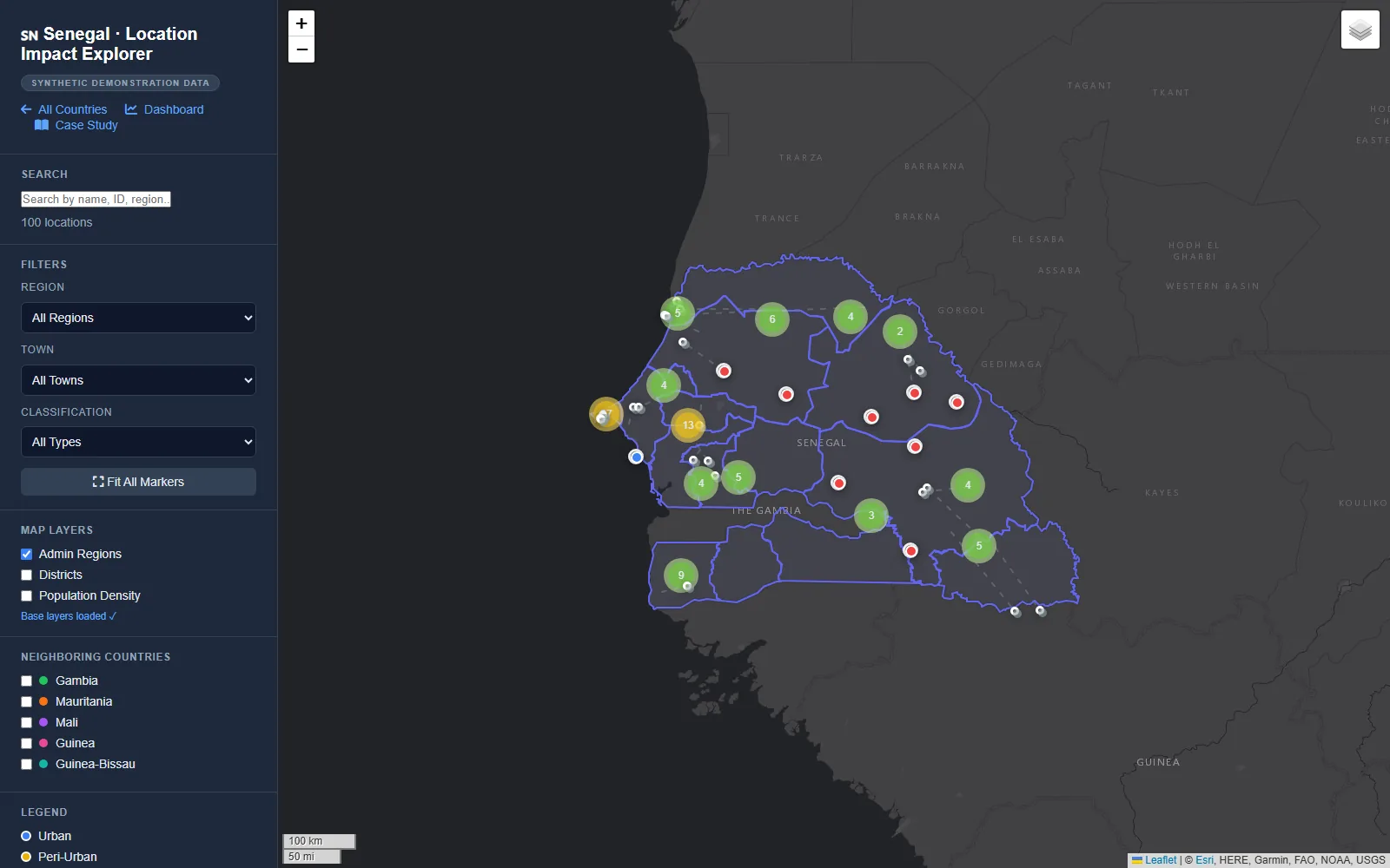 Interactive map of Senegal with clustered GPS markers, region filters and layer toggles