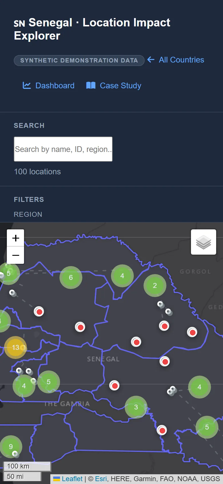 Mobile view of the interactive Location Impact Explorer map