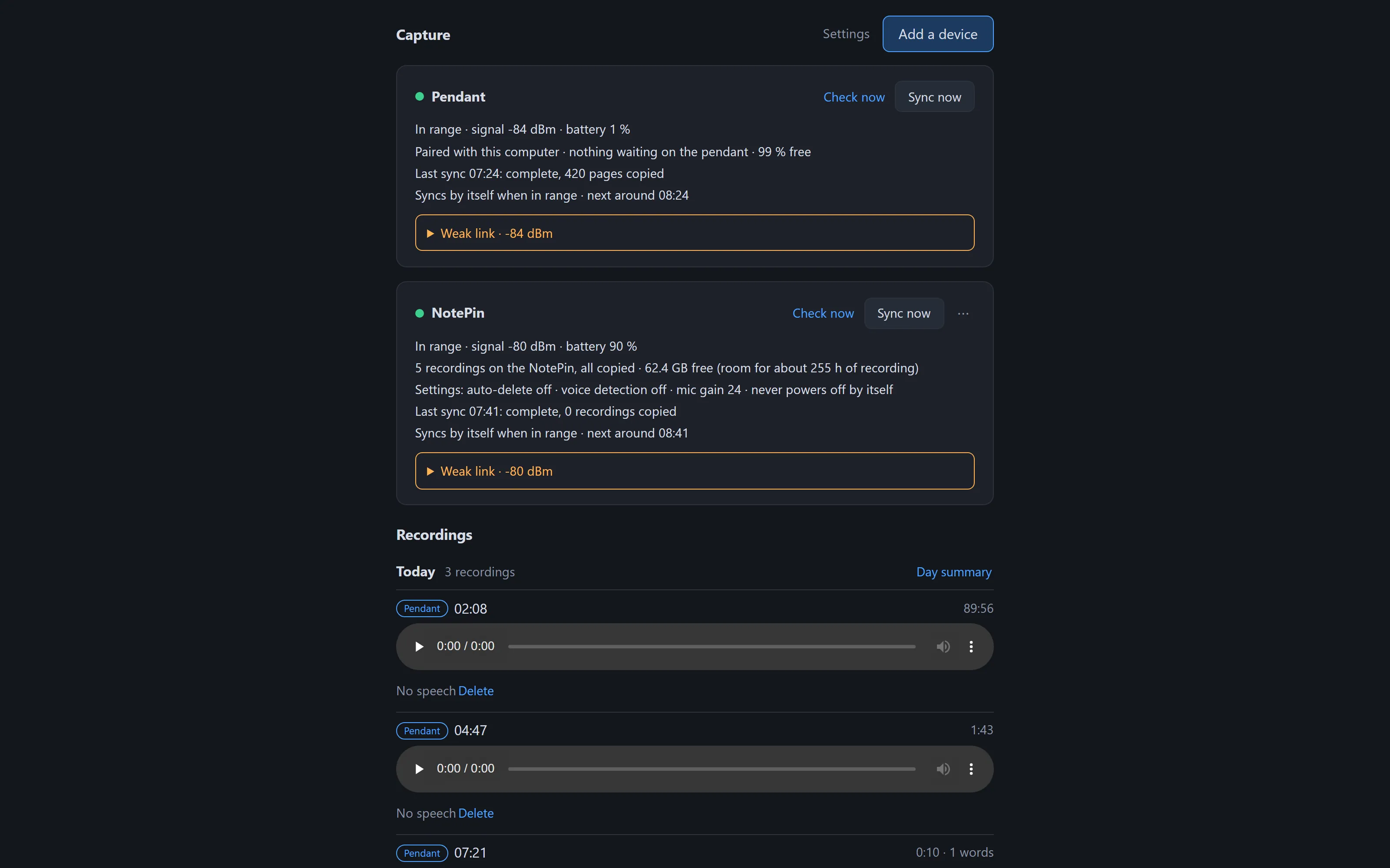 Pendant Rig dashboard: device cards, live sync stepper and today's recordings
