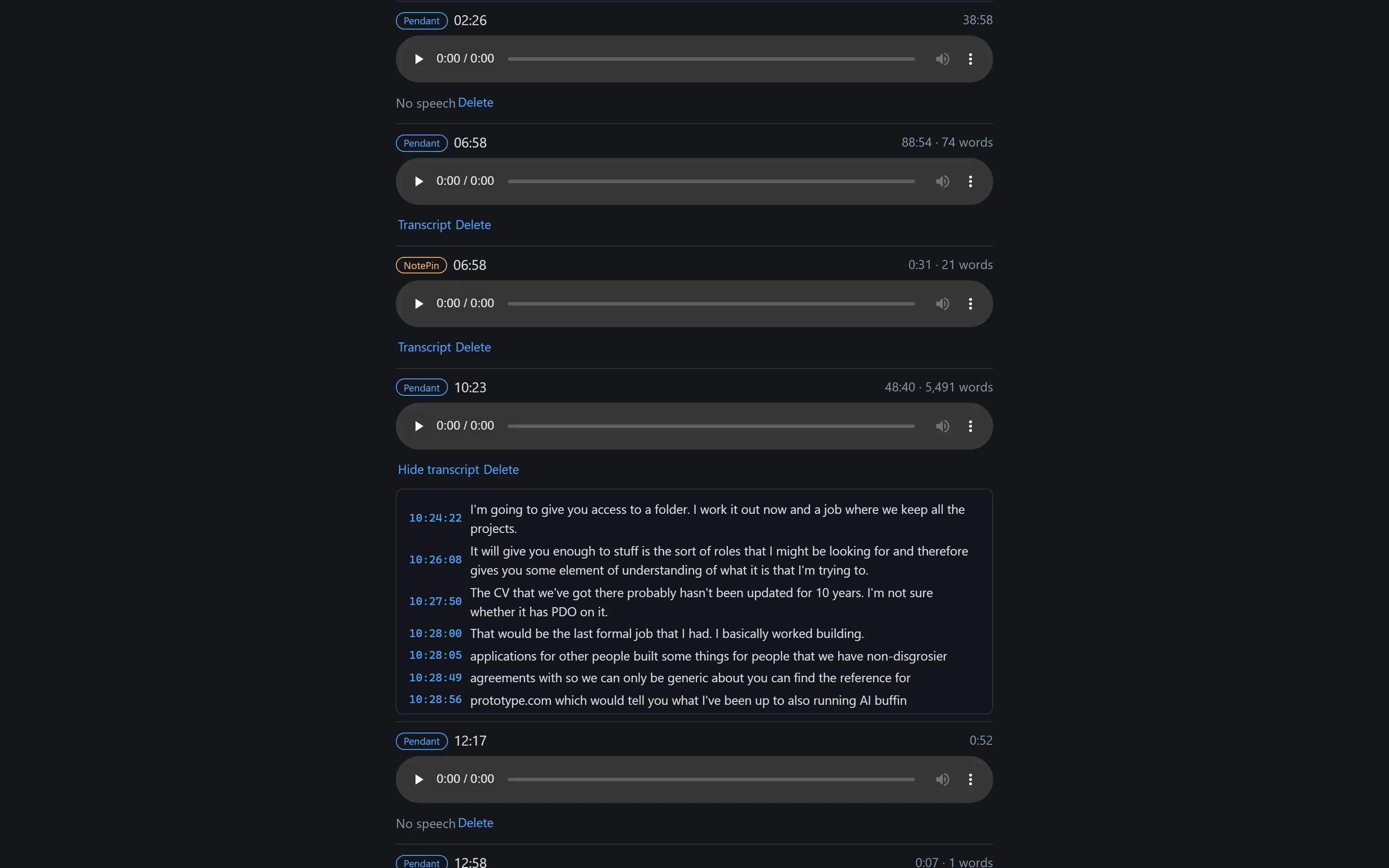Day page with click-a-line-to-play transcript