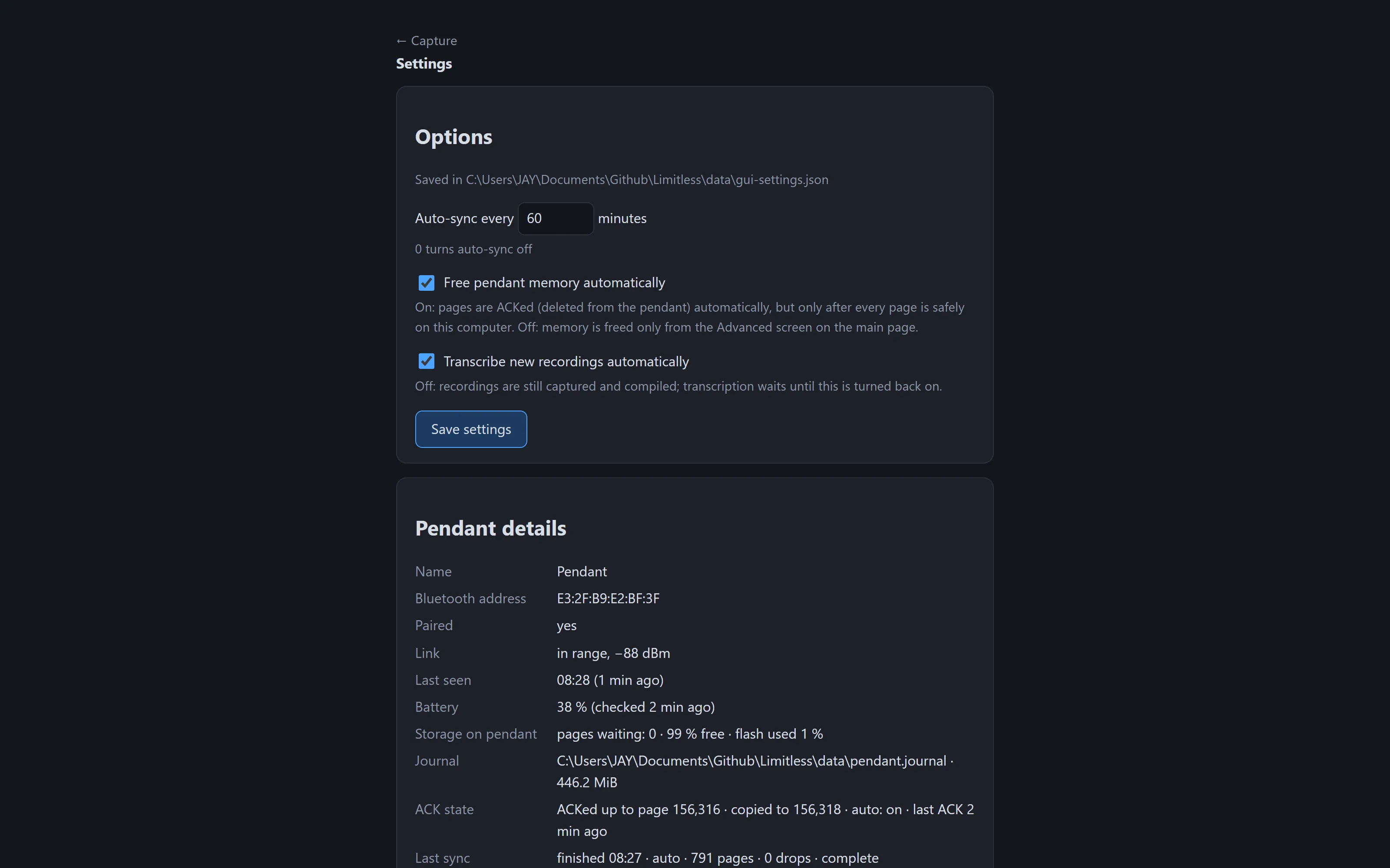 Settings page with cadence, auto-ACK and auto-transcribe